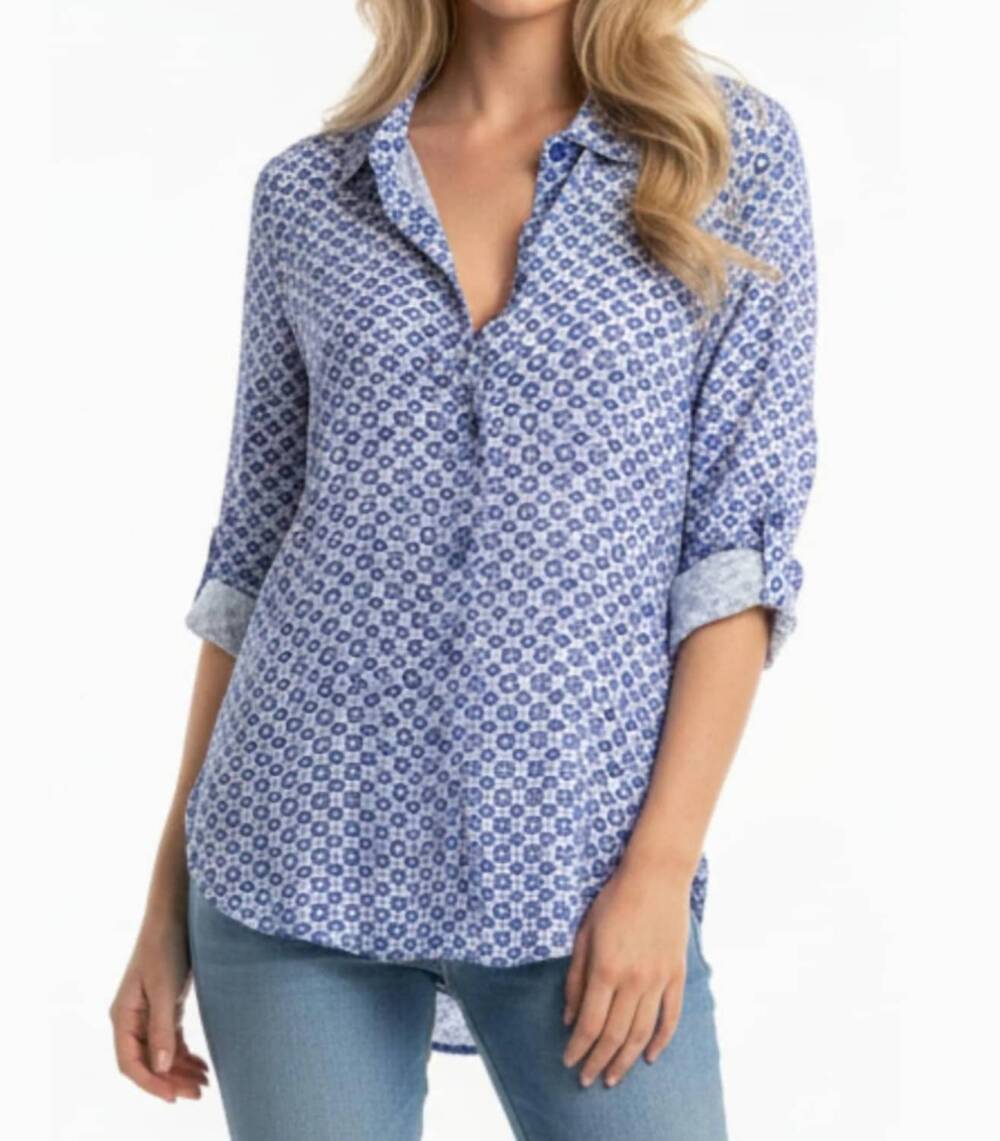 NEW GRAND & GREENE collared multi print button down top in blue white